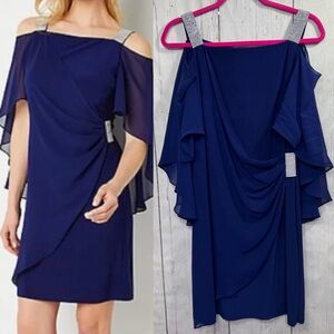 MSK Navy Blue Cold-Shoulder Draped Cocktail Dress with Silver Accents